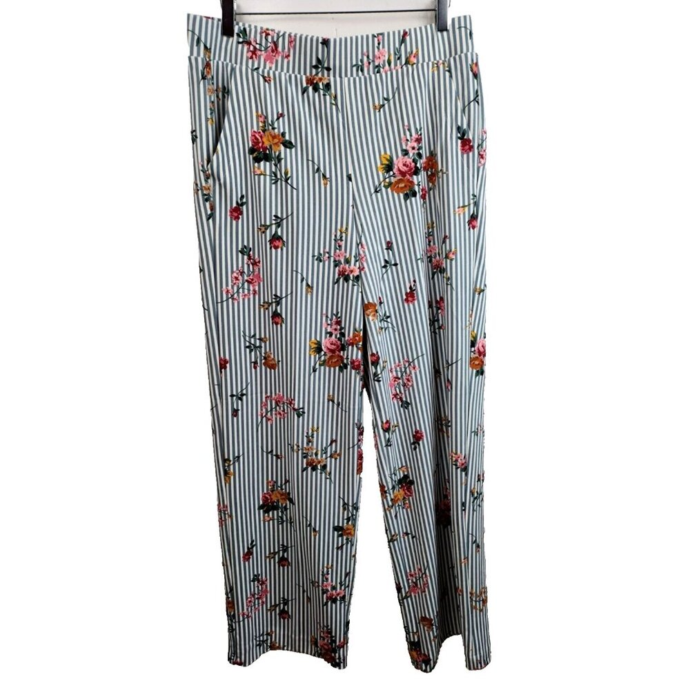 BBJ Los Angeles Womens BOHO Pants XL Gray White Floral Pull On Wide Leg‎ Casual